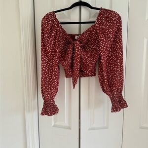 Vici Red and White Puff Sleeve Blouse with Tie Front